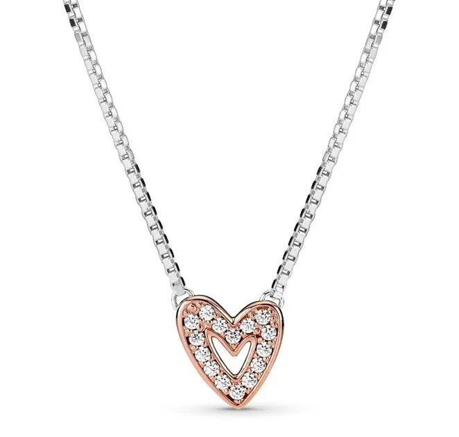 Sparkling Rose Freehand Heart Necklace 925 Sterling Silver Charm Jewelry