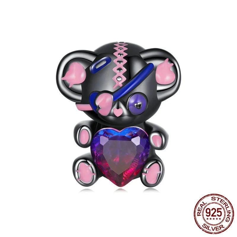 S925 Love Bear Bracelet Charm with Heart-shaped Zircon Beads