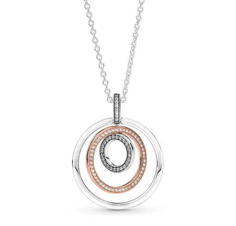 Two-tone Circles Pendant Crystal Necklace 925 Sterling Silver Bead Charm Jewelry