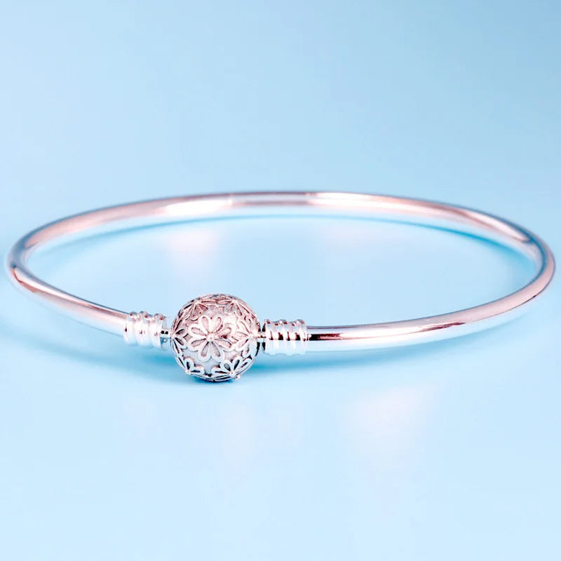 Vintage Daisy Flower Clasp Snake Chain Bangle 925 Sterling Silver Charm Bracelet