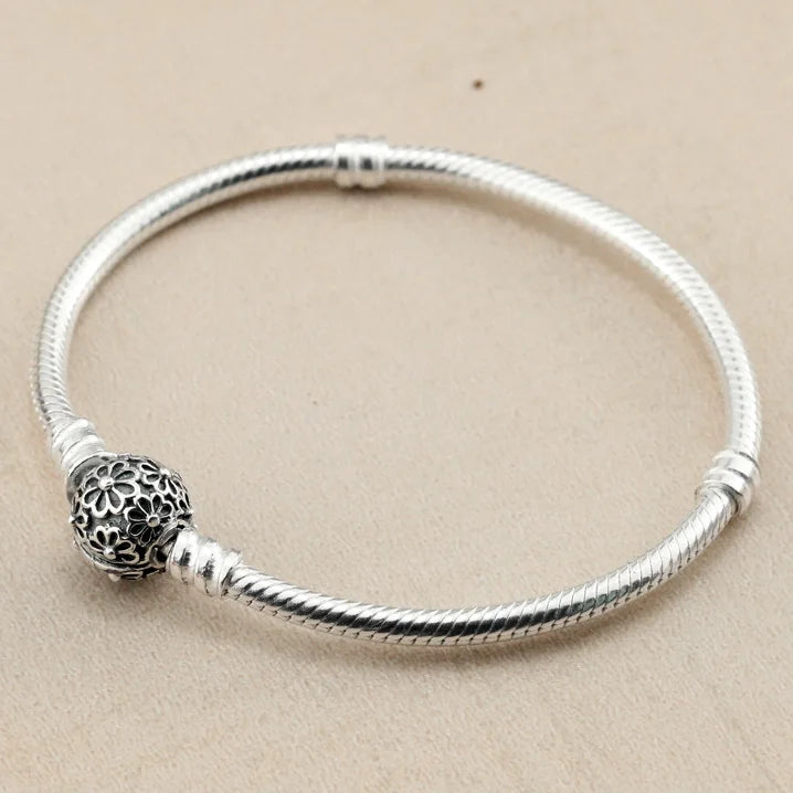 Vintage Daisy Flower Clasp Snake Chain Bracelet 925 Sterling Silver Charm Bangle