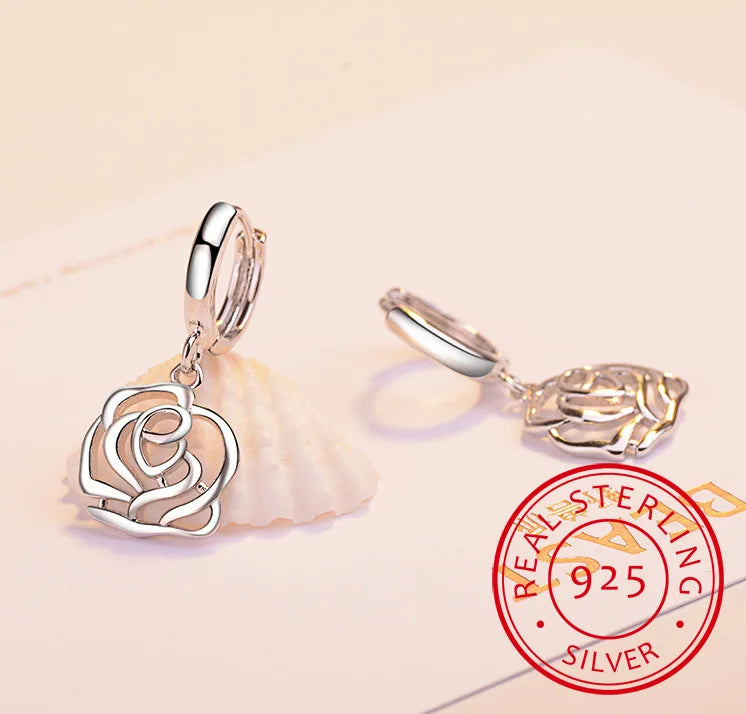 Hollow Flower Drop Earrings 925 Sterling Silver Jewelry