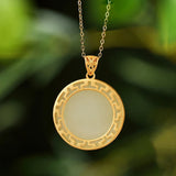 Ancient Craft Hetian Jade Round Charm Necklace Pendant