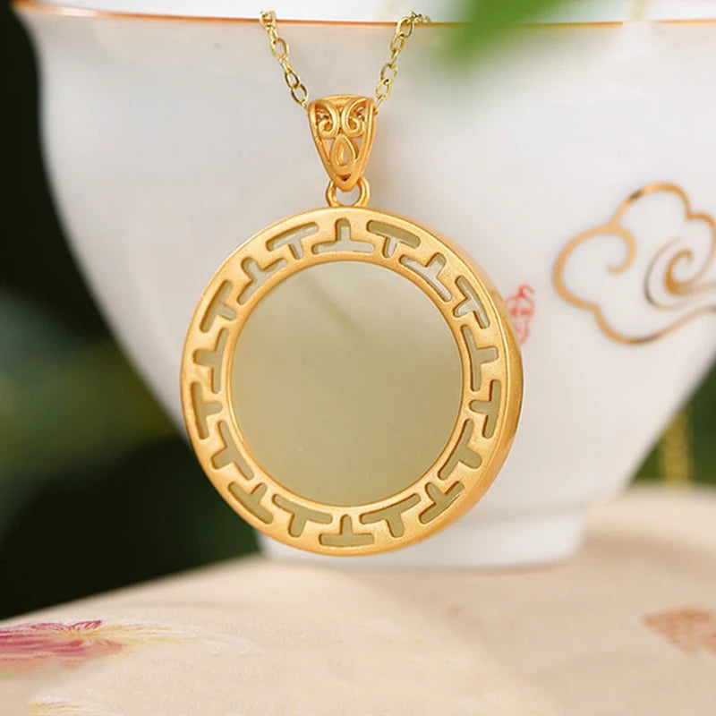 Ancient Craft Hetian Jade Round Charm Necklace Pendant