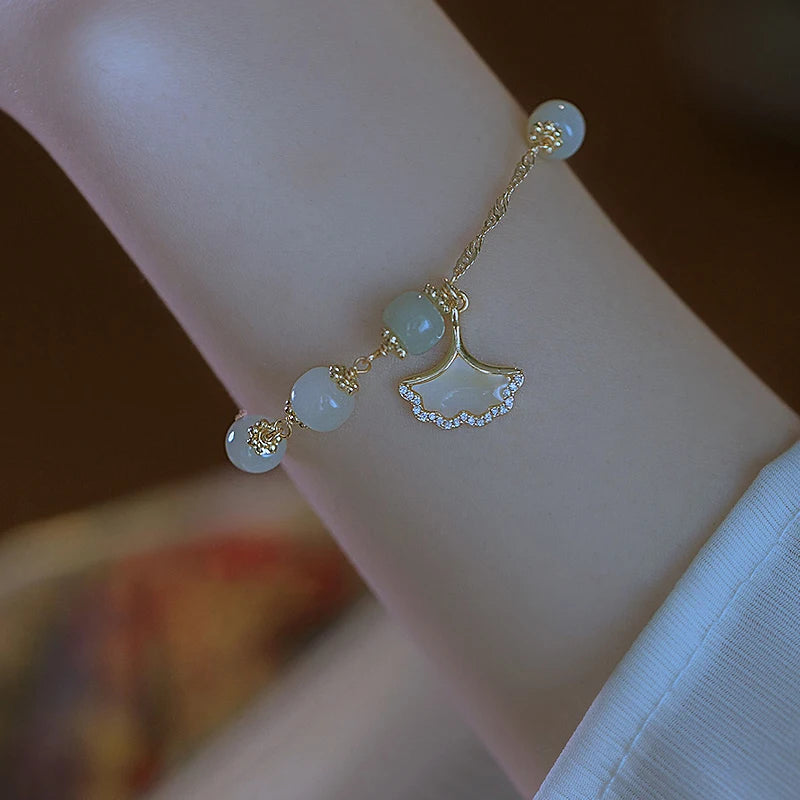 Crystal Silver Apricot Leaf Hetian Jade Charm Bracelet for Women