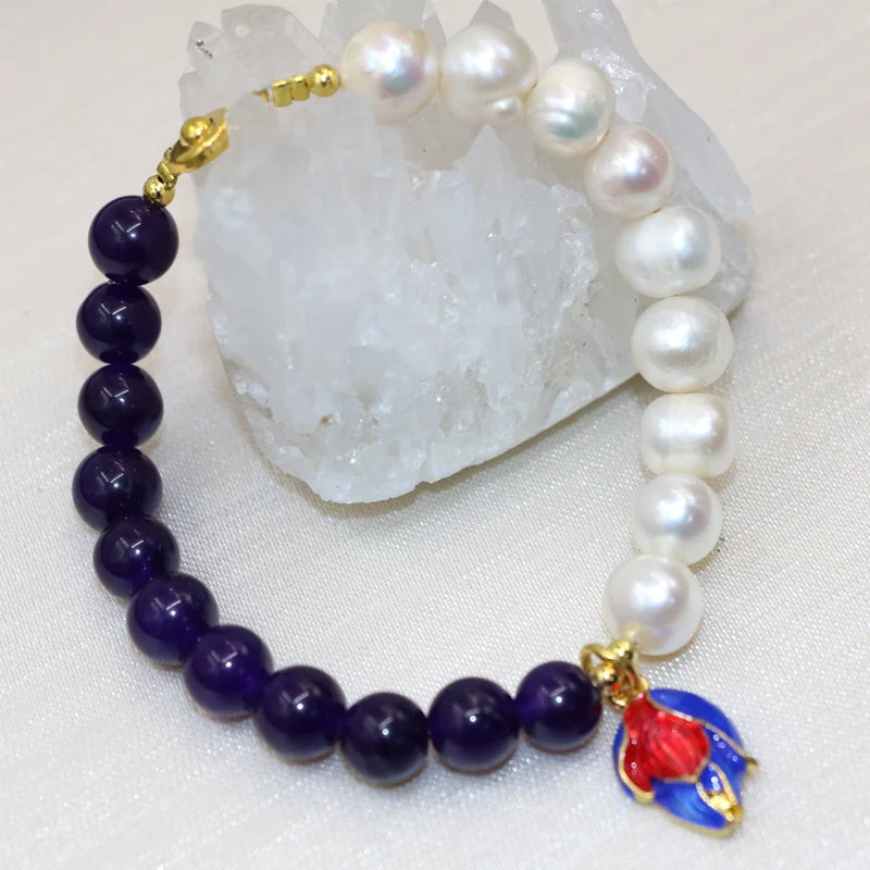 Natural Pearl Purple Jades Round Beads Strand Bracelets Cloisonne Jewelry