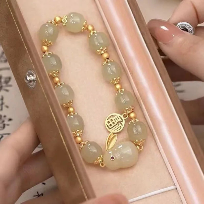 Natural Hotan Jade Rabbit Bracelet for Women Wedding Jewelry