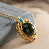 Dark Green Chalcedony Pendant Necklace with Silver Inlay