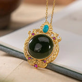 Dark Green Chalcedony Pendant Necklace with Silver Inlay