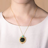 Dark Green Chalcedony Pendant Necklace with Silver Inlay