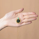 Dark Green Chalcedony Pendant Necklace with Silver Inlay