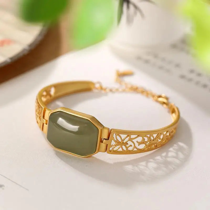 Ancient Craft Hetian Jade Green Hollow Butterfly Bracelet Retro Light