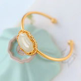 Ancient Craft Inlaid Hetian Jade Bangle for Women, Hollow Charm Silver Jewelry