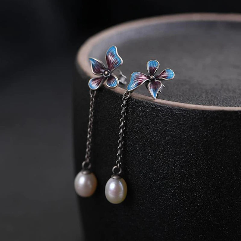 Chinese Cloisonne Enamel Pearl Earrings