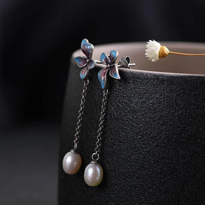 Chinese Cloisonne Enamel Pearl Earrings