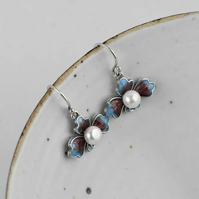 Cloisonne Enamel Porcelain Pearl Earrings Chinese Retro Craft Women's Jewelry