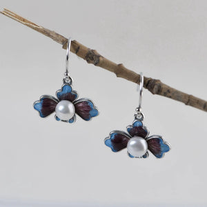 Cloisonne Enamel Porcelain Pearl Earrings Chinese Retro Craft Women's Jewelry