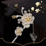 Chinese Retro Peony Flower Hairpin with Butterfly Pendant Charm