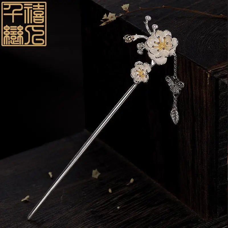 Chinese Retro Butterfly Peony Flower Hairpin Charm Silver Jewelry