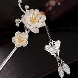 Chinese Retro Peony Flower Hairpin with Butterfly Pendant Charm