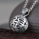 Double Happiness Retro Bead Necklace Chinese Charm Silver Jewelry