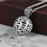 Double Happiness Retro Bead Necklace Chinese Charm Silver Jewelry