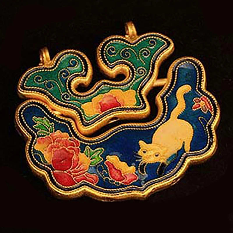 Enamel Porcelain Ruyi Lock Pendant Chinese Retro Silver Jewelry