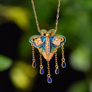 Hetian Jade Enamel Porcelain Butterfly Pendant Necklace with Tassel