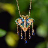 Hetian Jade Enamel Porcelain Butterfly Pendant Necklace with Tassel