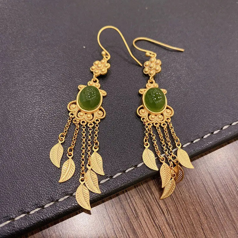 Natural Hetian Green Jade Tassel Feather Earrings for Women