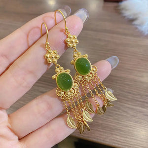 Natural Hetian Green Jade Tassel Feather Earrings for Women