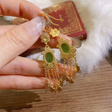 Natural Hetian Green Jade Tassel Feather Earrings for Women