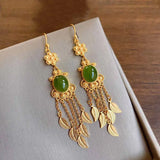 Natural Hetian Green Jade Tassel Feather Earrings for Women