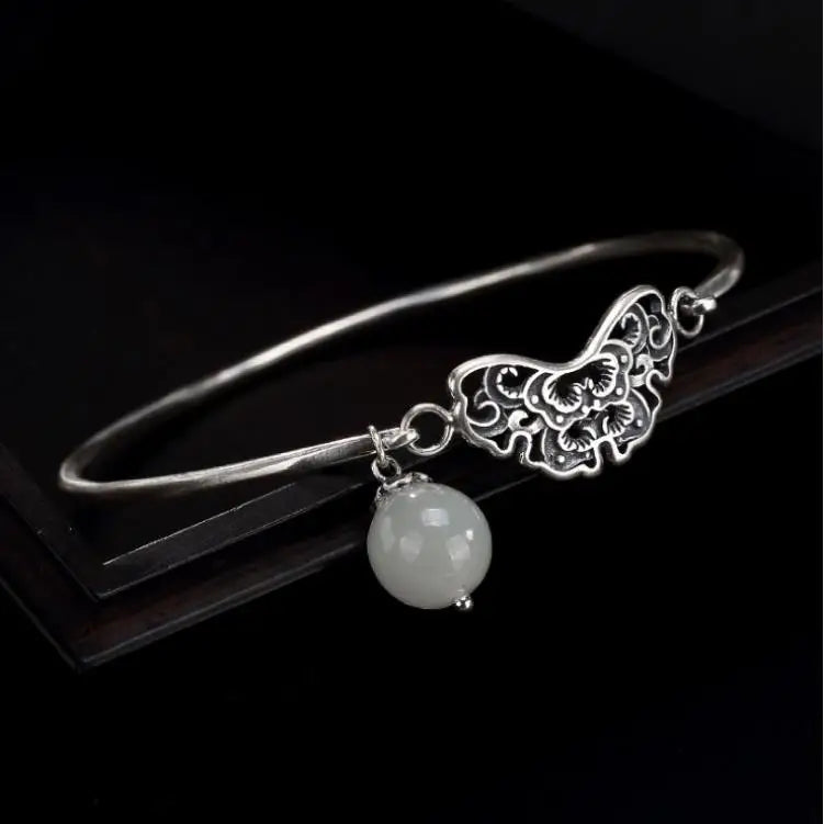 Natural Hetian Jade Butterfly Carving Bracelet Retro Charm Women's Jewelry