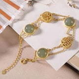 Natural Hetian Jade Round Beads Ingot Two-Hand Chain Women's Silver Jewelry