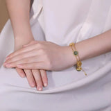 Natural Hetian Jade Round Beads Ingot Two-Hand Chain Women's Silver Jewelry
