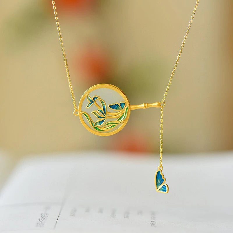 Hetian Magnolia Enamel Porcelain Necklace Pendant Chinese Jewelry