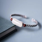 Natural Hetian Jade Hemp Rope Bracelet Retro Chinese Craft Silver Jewelry