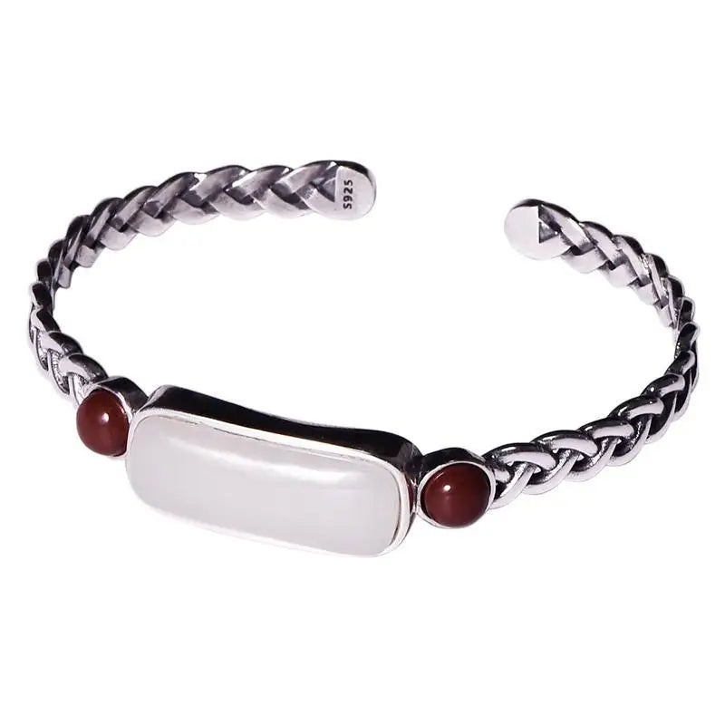 Natural Hetian Jade Hemp Rope Bracelet Retro Chinese Craft Silver Jewelry