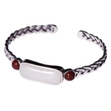 Natural Hetian Jade Hemp Rope Bracelet Retro Chinese Craft Silver Jewelry