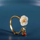 Natural Hetian Jade Flower Engagement Ring for Women Adjustable