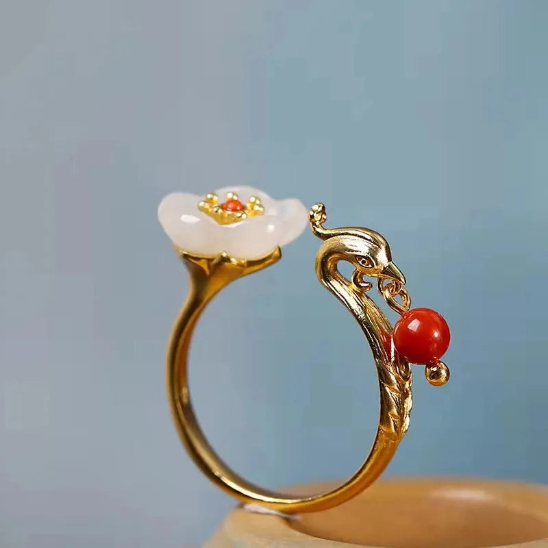 Natural Hetian Jade Flower Engagement Ring for Women Adjustable