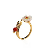 Natural Hetian Jade Flower Engagement Ring for Women Adjustable