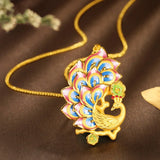 Peacock Enamel Pendant Necklace - Silver Jewelry