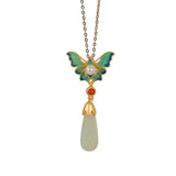 Hetian Jade Pearl Butterfly Necklace Silver Chain Pendant
