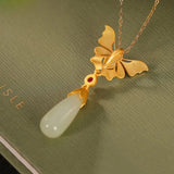 Hetian Jade Pearl Butterfly Necklace Silver Chain Pendant