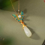 Hetian Jade Pearl Butterfly Necklace Silver Chain Pendant