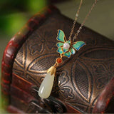 Hetian Jade Pearl Butterfly Necklace Silver Chain Pendant