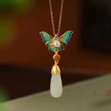 Hetian Jade Pearl Butterfly Necklace Silver Chain Pendant