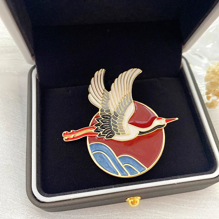 Vintage National Crane Glaze Brooch Pin Cheongsam Hanfu Accessory